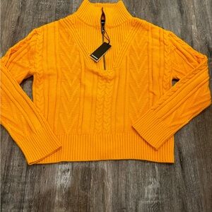 Monrow Bright Orange zipper neck Cable Knit Sweater
